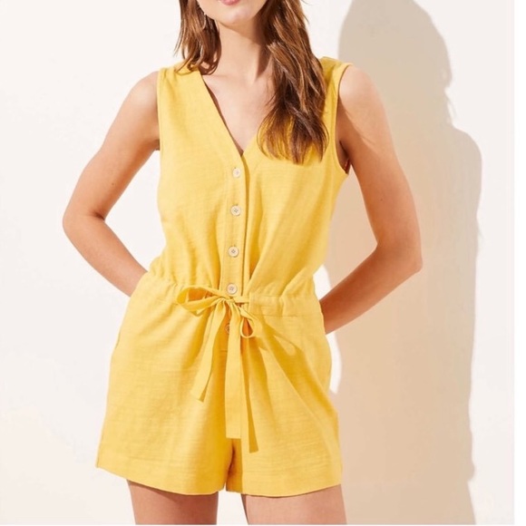Loft Beach Romper Yellow Sleeveless V-Neckline Cinch Drawstring  100%cotton XL - Picture 1 of 7